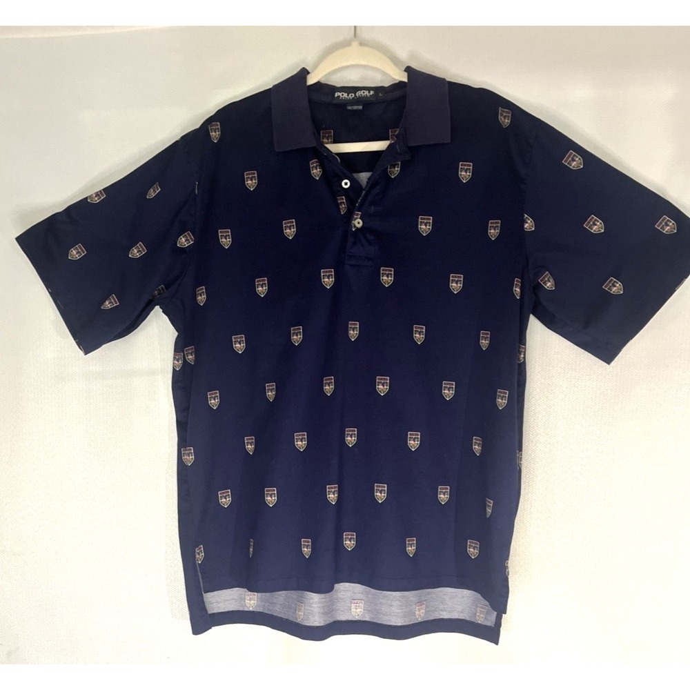 Vintage Polo Ralph Lauren Shield Logo All‑Over Print Navy Golf Shirt – Men's L